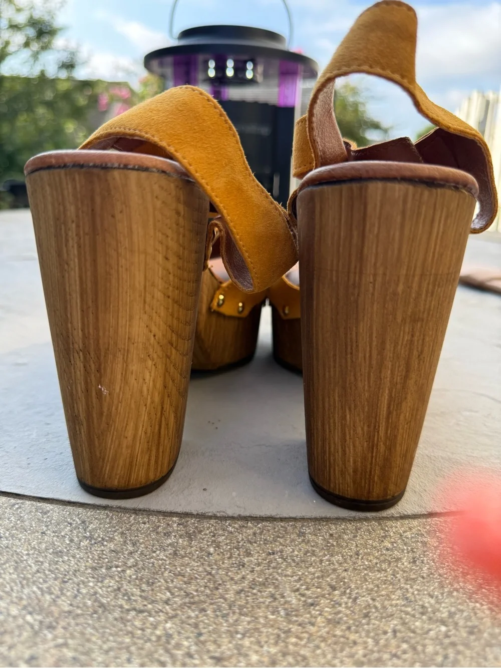 Aldo Mustard Suede Platform Sandals with Wood-Effect Block Heel
